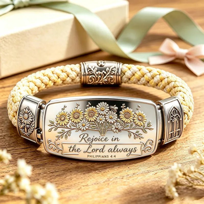 Rejoice in the Lord Always yellow braided Christian bracelet with cross centerpiece