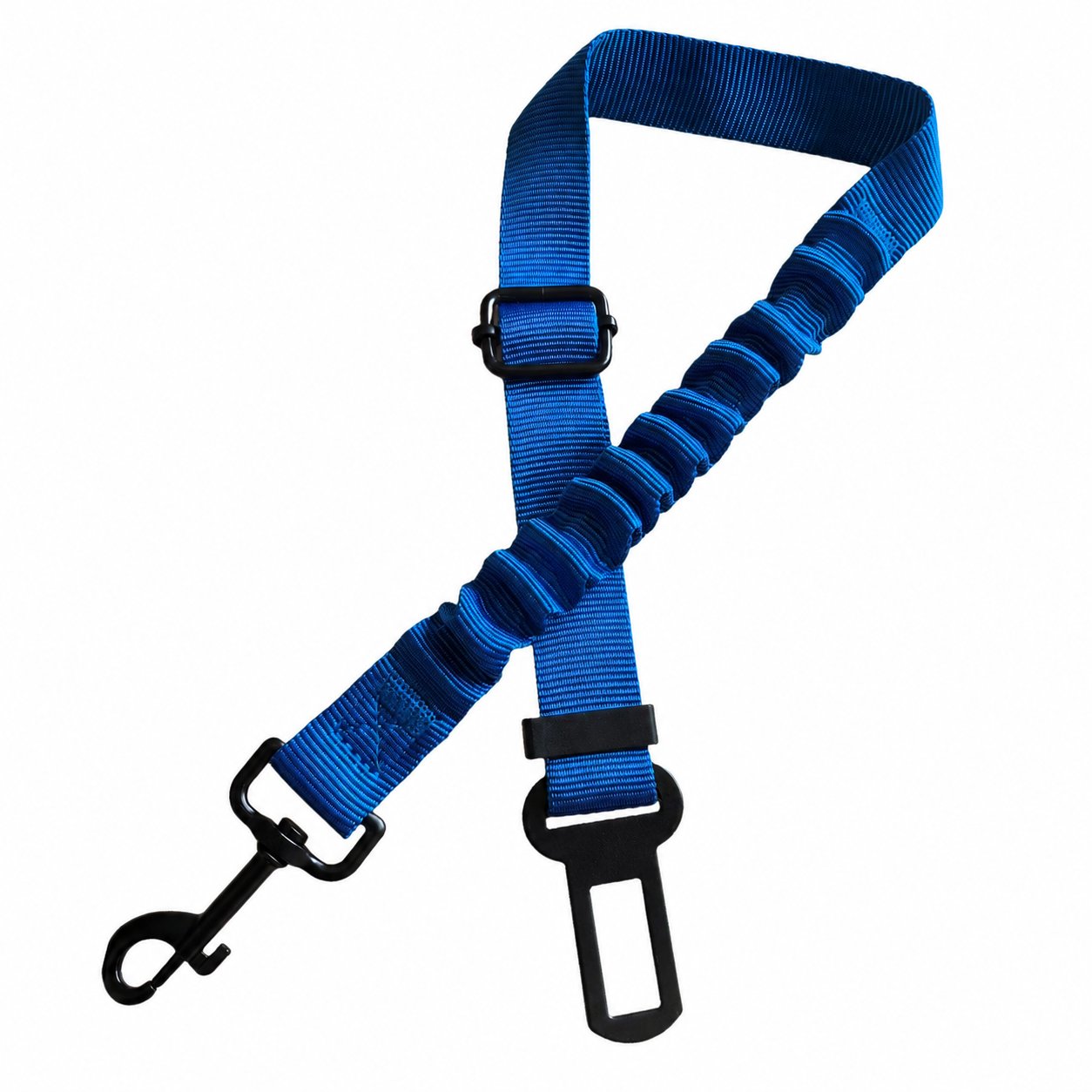 Royal blue dog car seat belt with elastic bungee section