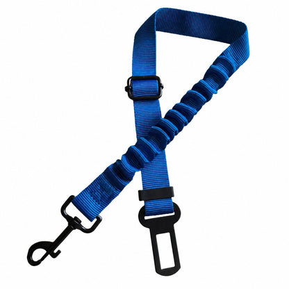 Royal blue dog car seat belt with elastic bungee section