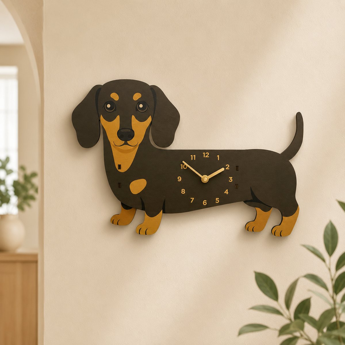 Black & Tan Dachshund side view wooden wall clock with swinging leg