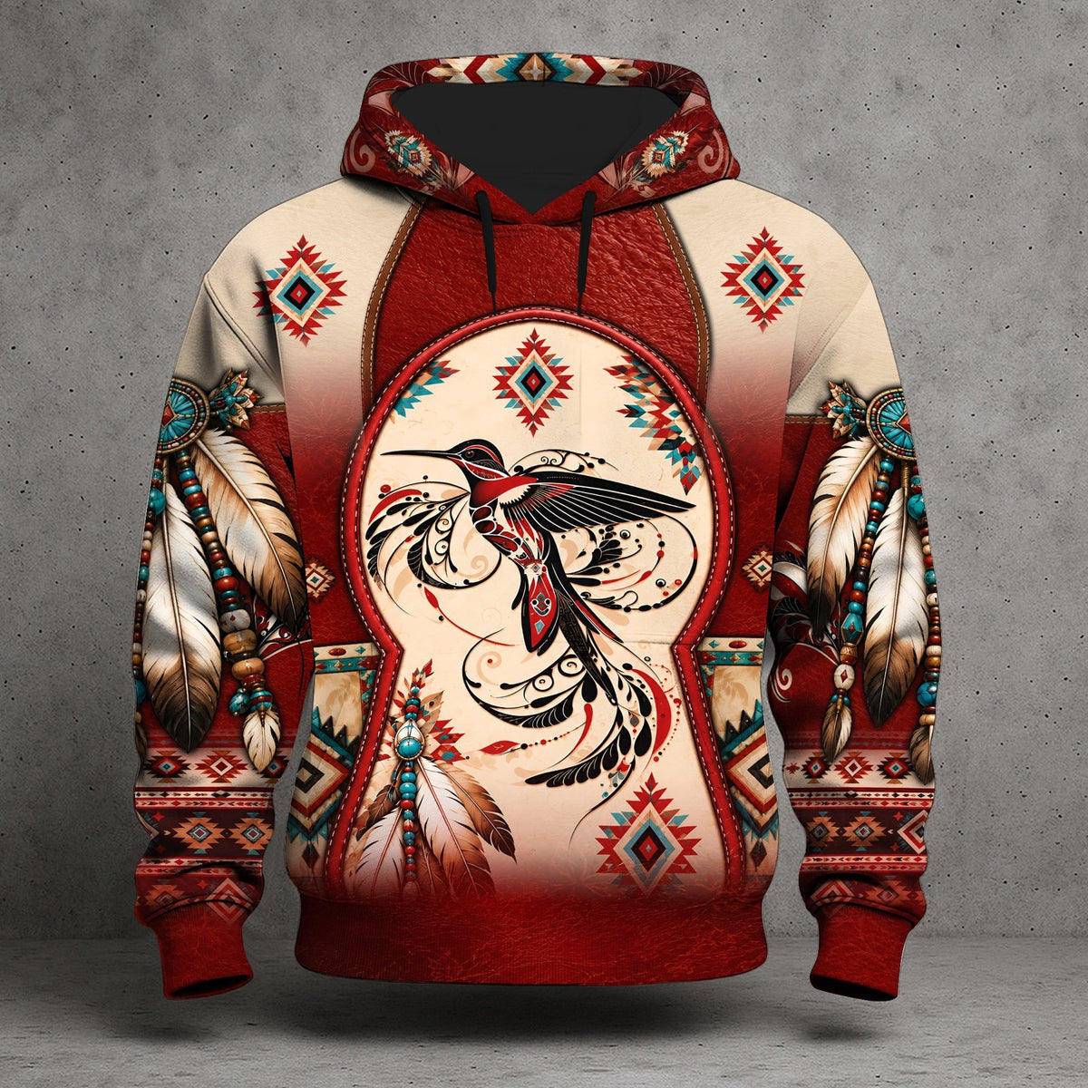 Southwestern graphic hoodie with cream and red hummingbird artwork