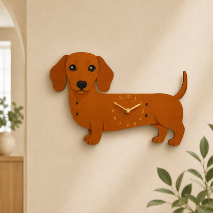 Ginger Brown Dachshund side view wooden wall clock with swinging leg