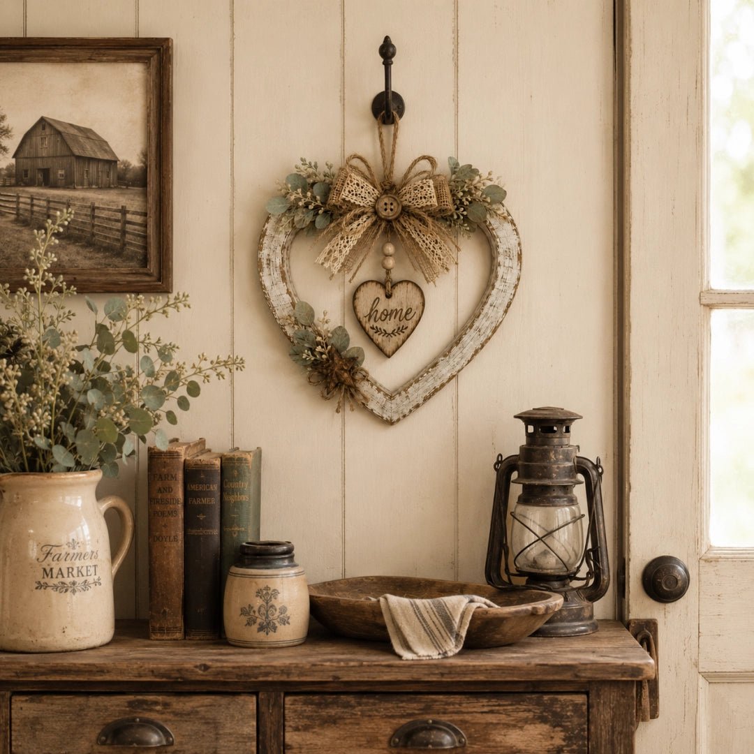 Classic farmhouse white heart wreath hanging on wall