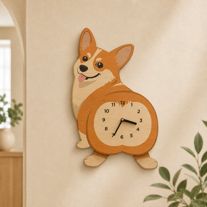 Ginger Corgi rear view wooden wall clock with swinging legs