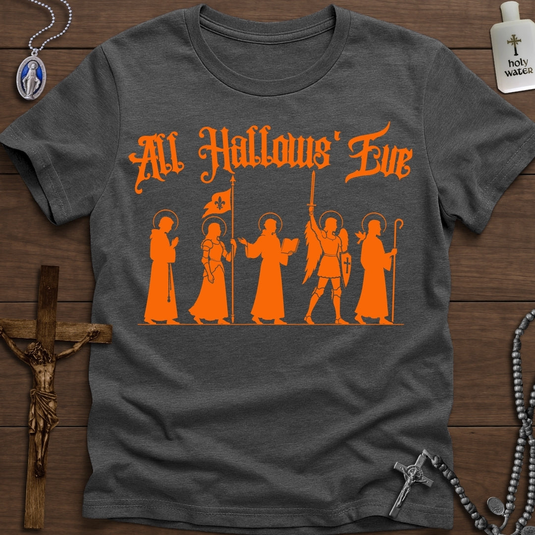 All Hallows' Eve Saint Procession Catholic T-Shirt in Charcoal with orange saint silhouette design
