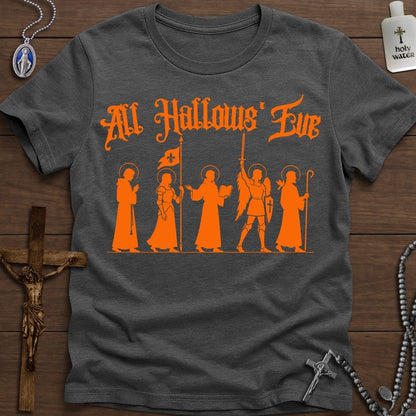 All Hallows' Eve Saint Procession Catholic T-Shirt in Charcoal with orange saint silhouette design