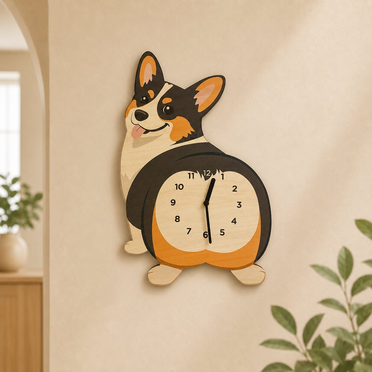 Tricolor Corgi rear view wooden wall clock with swinging legs