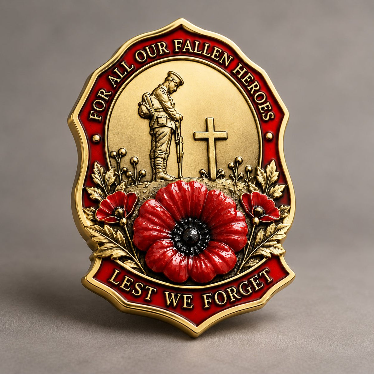 Gold-tone red poppy remembrance brooch with soldier and cross