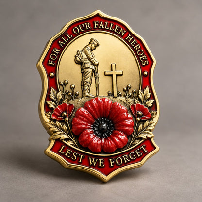 Gold-tone red poppy remembrance brooch with soldier and cross