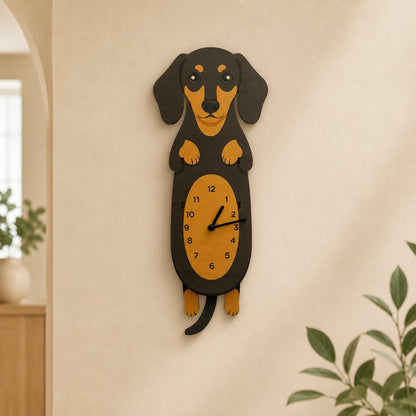Black & Tan Dachshund upright wooden wall clock with swinging legs