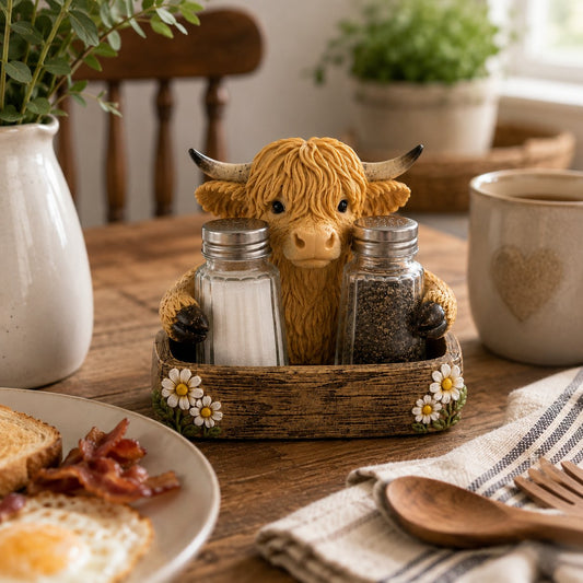 Cute Highland Cow salt and pepper shaker holder farmhouse décor