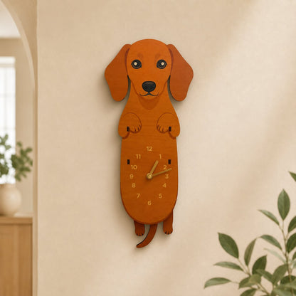 Ginger Brown Dachshund upright wooden wall clock with swinging legs