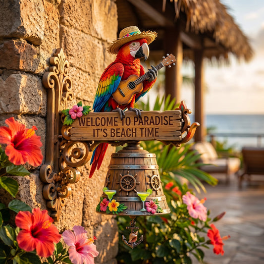 Parrot Head Paradise Wall Bell - Tropical Island Hanging Décor Chime