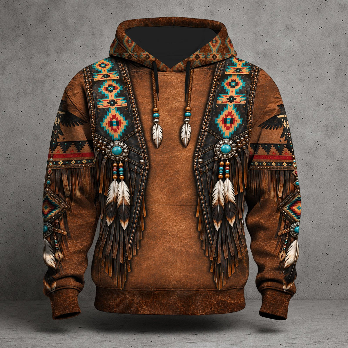 Southwestern graphic hoodie with brown printed vest and feather details