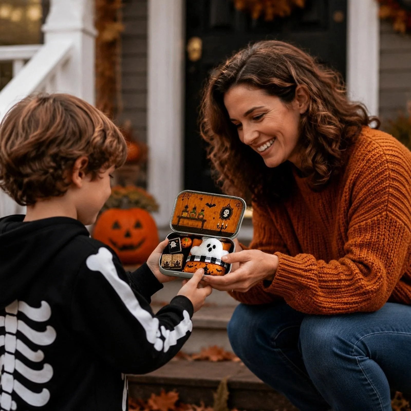 Mom showing Bats and Potions Halloween tin box to boy in skeleton costume
