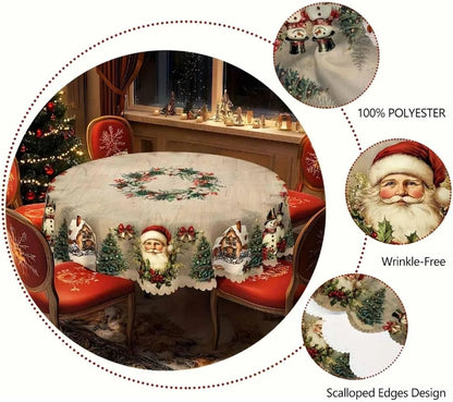 Cream vintage Christmas tablecloth material info: 100% polyester, wrinkle-free and scalloped edges design