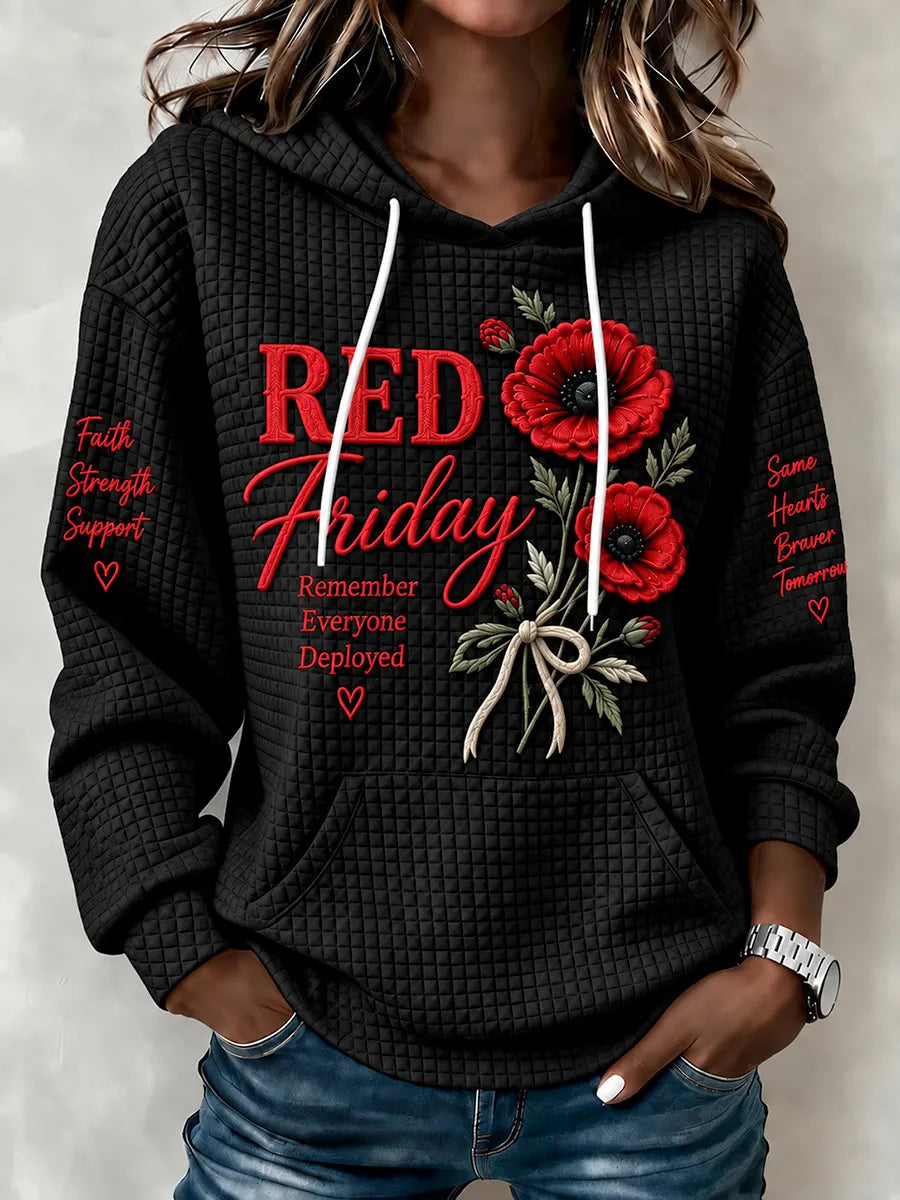 Women's black R.E.D. Friday poppy print waffle knit hoodie front view