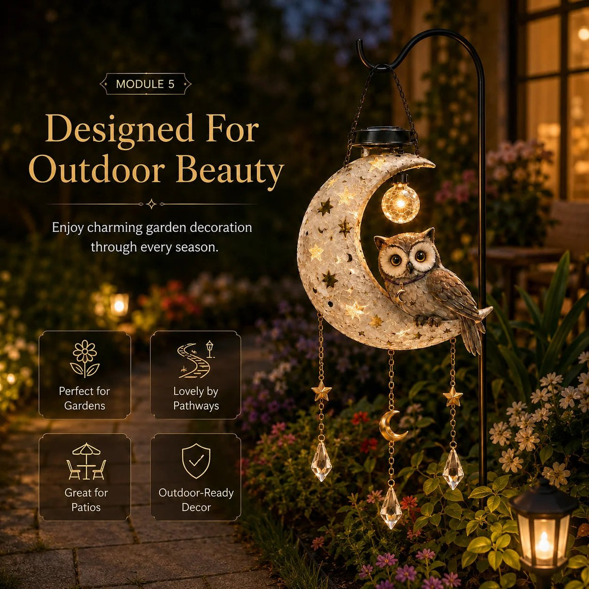 Decorative owl crescent moon and crystal accents detail