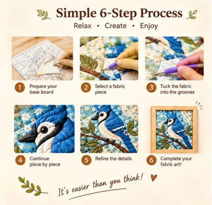 Simple six-step no-sew fabric art process infographic
