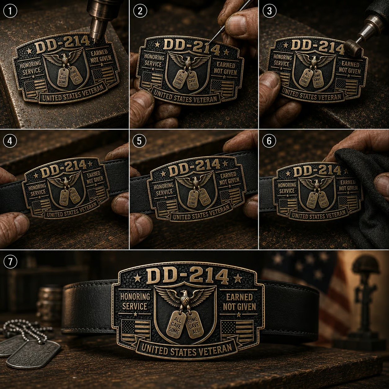 DD-214 Veteran Honor Belt Buckle 7 step craftsmanship process