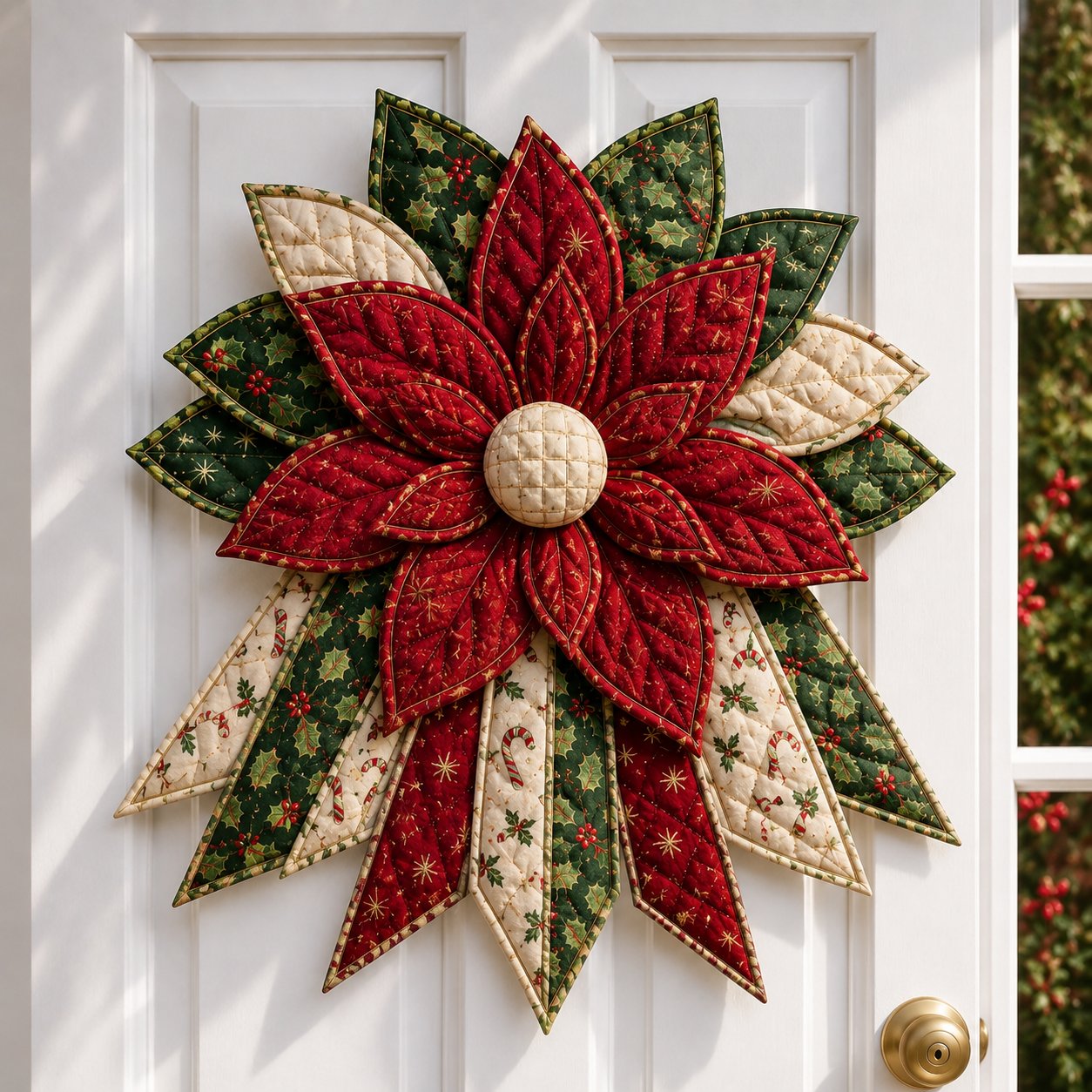 Handmade crimson poinsettia quilted Christmas door hanging with red bloom
