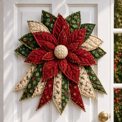 Handmade crimson poinsettia quilted Christmas door hanging with red bloom