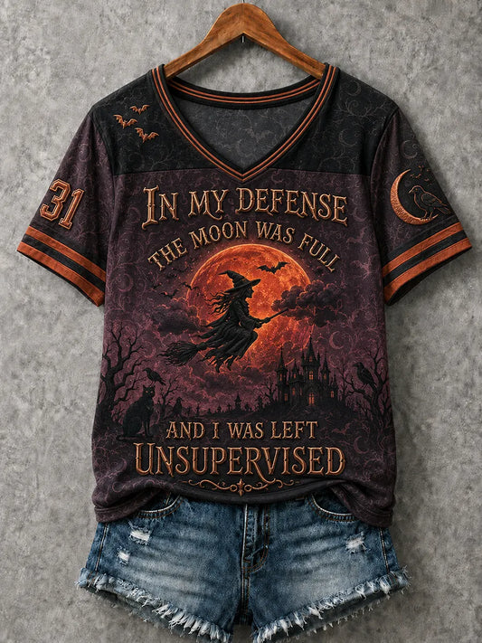 Halloween witch V-neck t-shirt with full moon, bats, black cat and raven all-over print