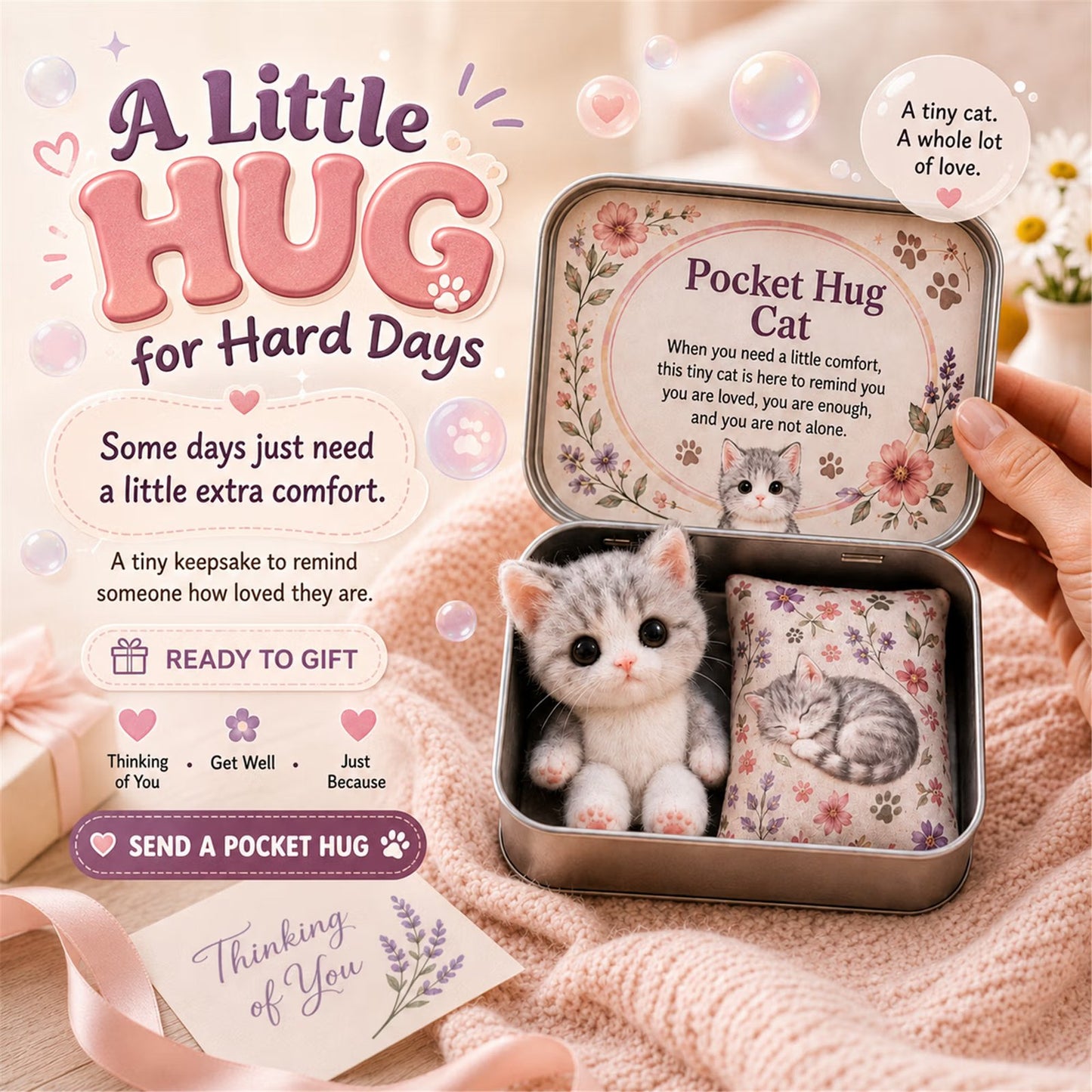 A Little Hug for Hard Days – Pocket Hug plush keepsake tin emotional poster