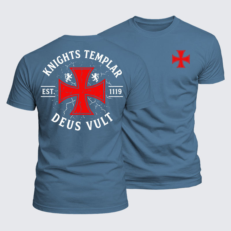 Knights Templar Deus Vult ocean blue cotton tee front and back
