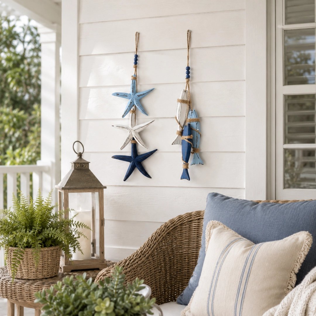 Coastal wooden starfish fish hanging decor on living room wall