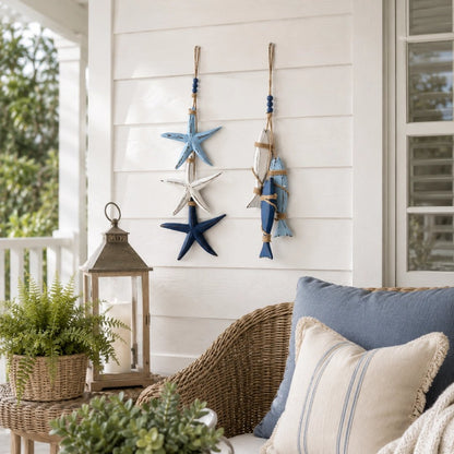 Coastal wooden starfish fish hanging decor on living room wall