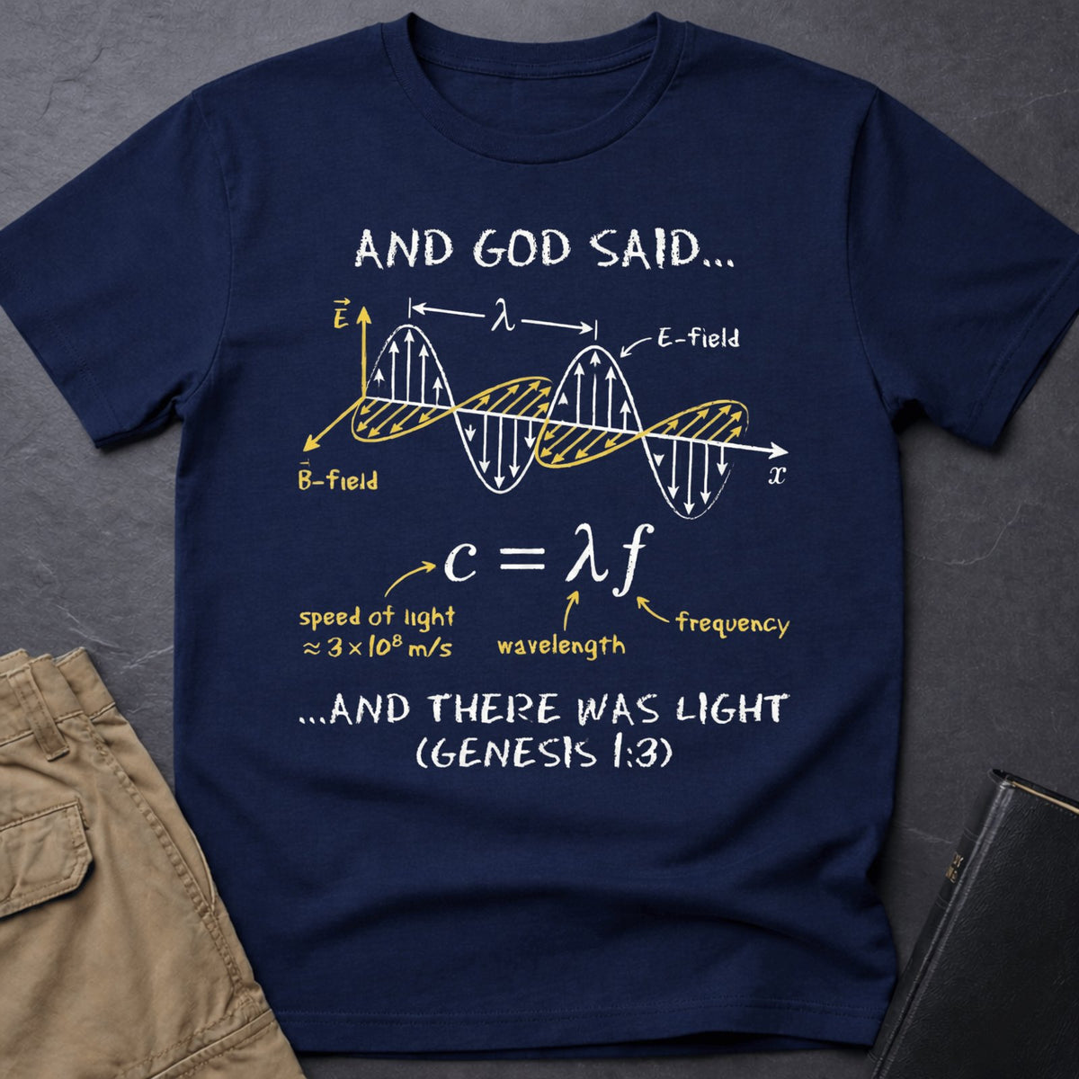 Navy And God Said T-shirt with Genesis 1:3 and physics wave graphic