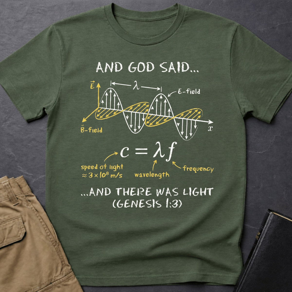 Military Green And God Said T-shirt with Genesis 1:3 and physics wave graphic