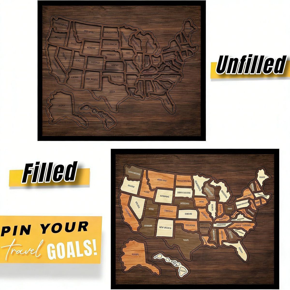 Wooden USA Travel Map Puzzle - 50 State Wall Tracker with Sticker Set