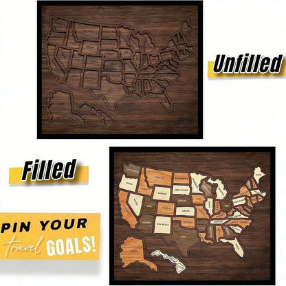 Wooden USA Travel Map Puzzle - 50 State Wall Tracker with Sticker Set