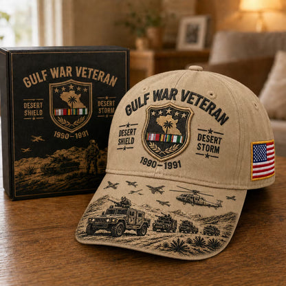 Khaki Gulf War Veteran Desert Storm cap with gift box