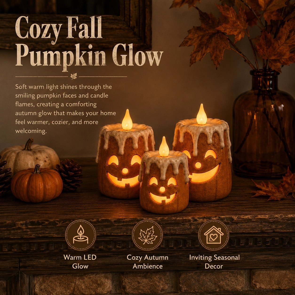 Cozy fall pumpkin glow with realistic warm LED candlelight effect