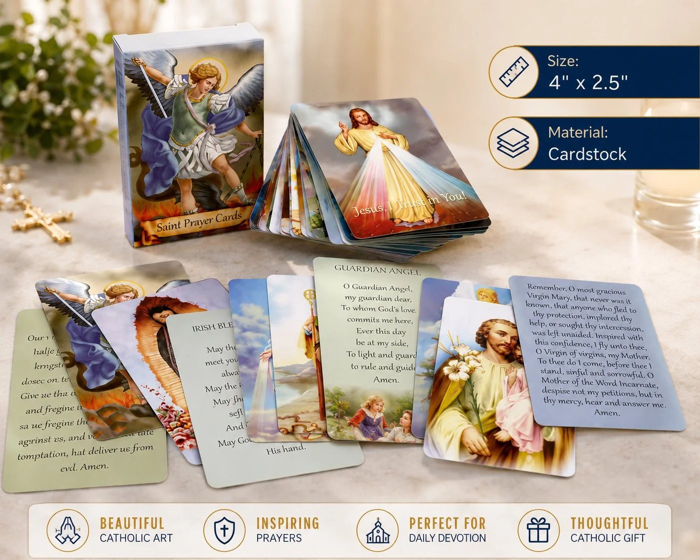 Prayer card specifications: 4 by 2.5 inch premium cardstock for daily devotion