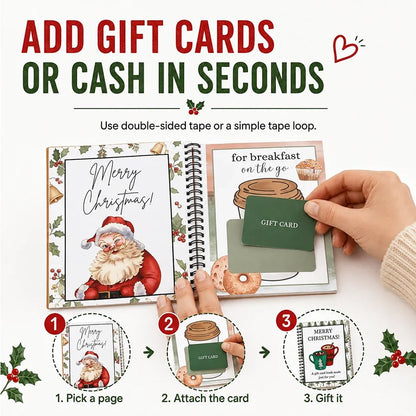 Christmas Gift Card Book demonstration of attaching a gift card