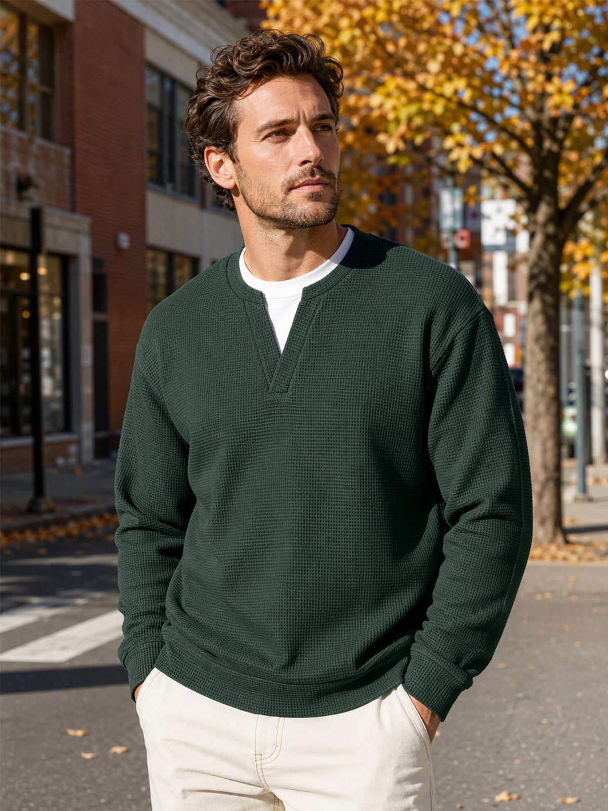 Forest Green men's waffle knit long sleeve faux layered tee