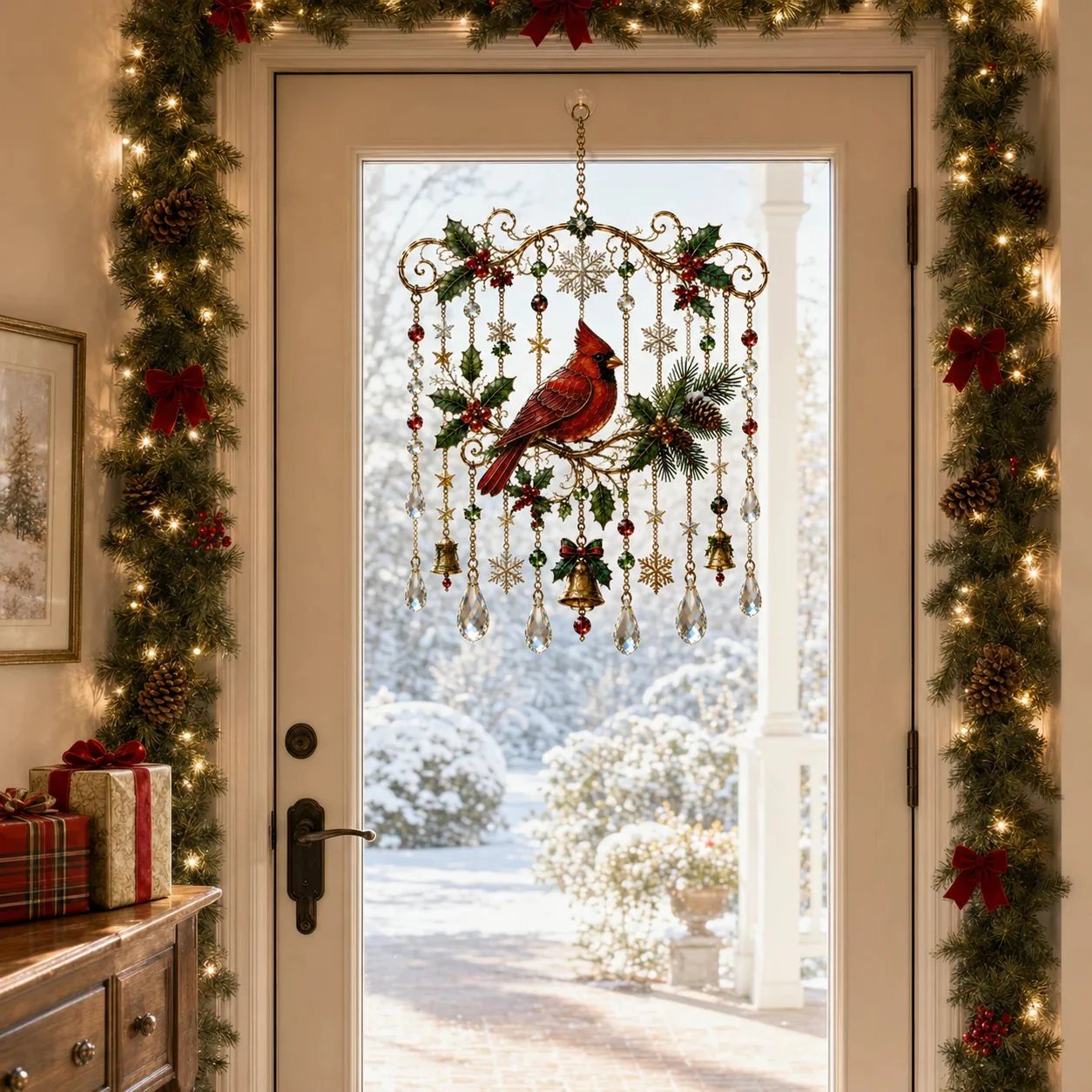 Cardinal Christmas stained glass hanging on decorated front door