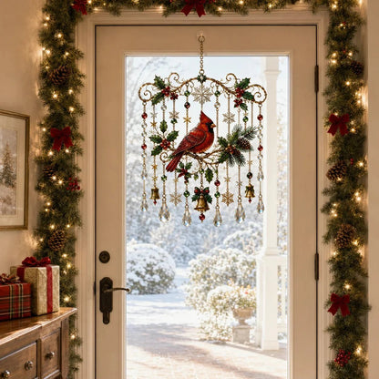 Cardinal Christmas stained glass hanging on decorated front door