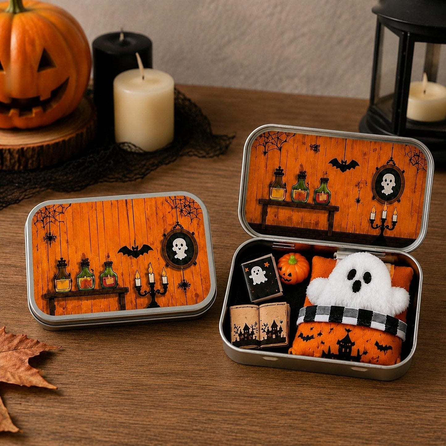 Bats and Potions Halloween tin box witchy props and pumpkin scene
