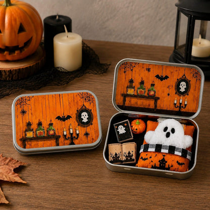 Bats and Potions Halloween tin box witchy props and pumpkin scene