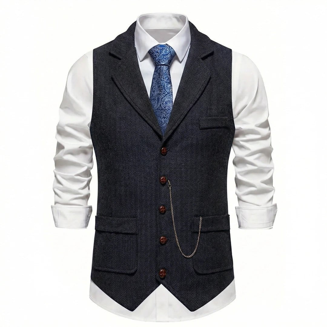 Men's Midnight Black herringbone tweed waistcoat front view