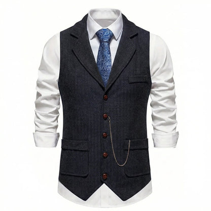 Men's Midnight Black herringbone tweed waistcoat front view