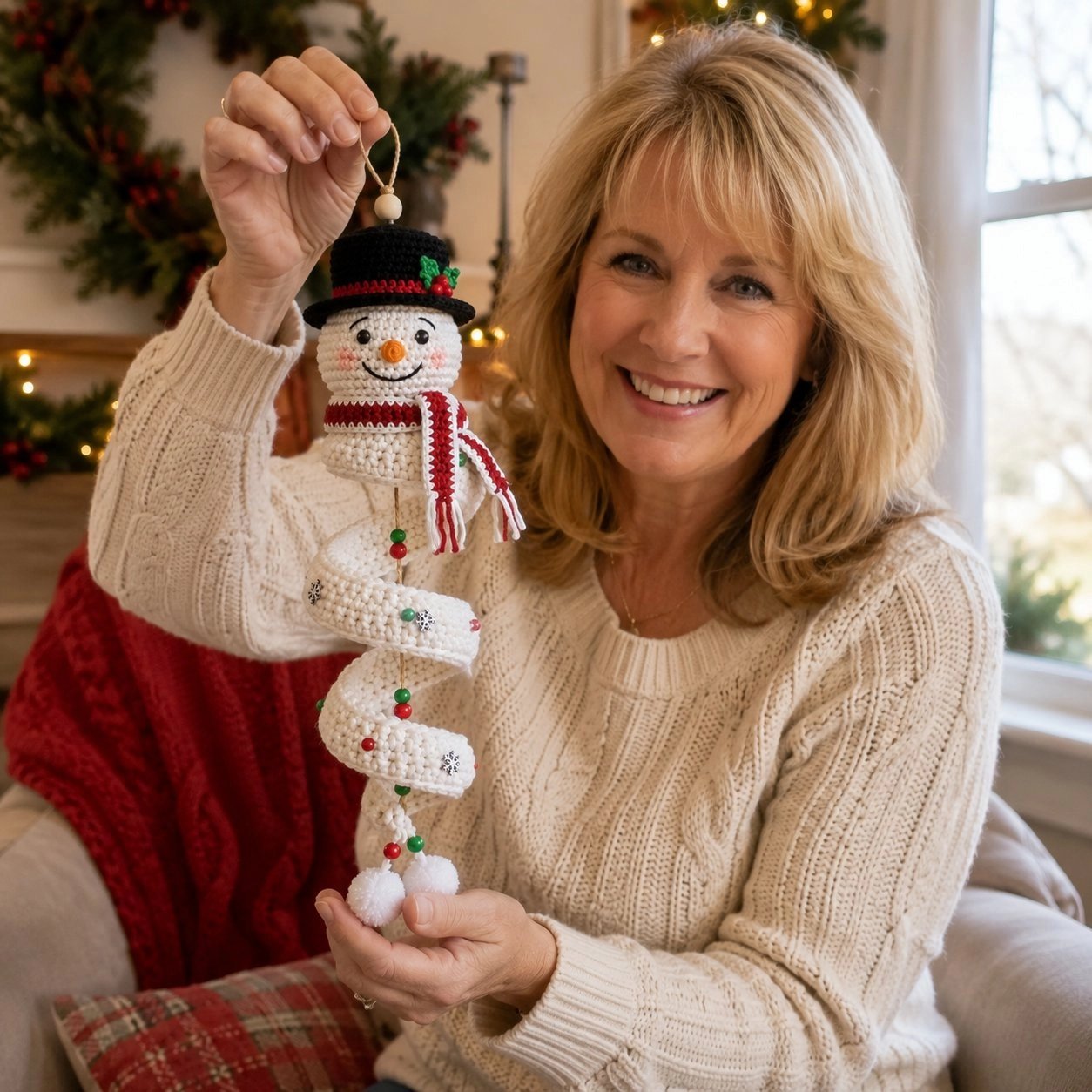 Crafter showing off her handmade crochet snowman keepsake