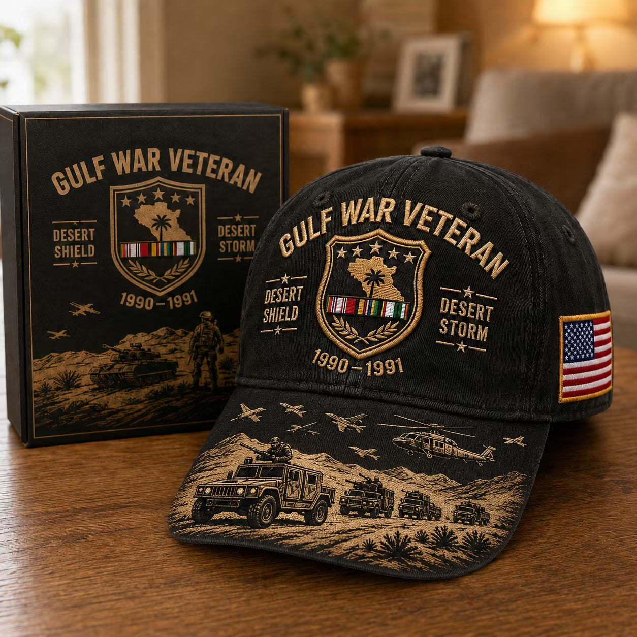 Black Gulf War Veteran cap with gift box, 1990–1991 badge