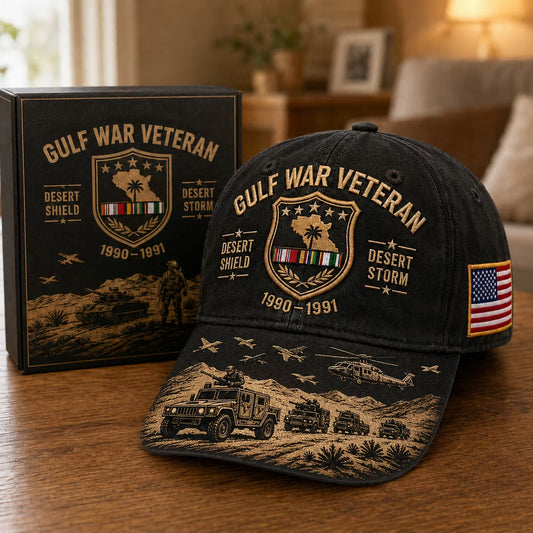 Black Gulf War Veteran cap with gift box, 1990–1991 badge