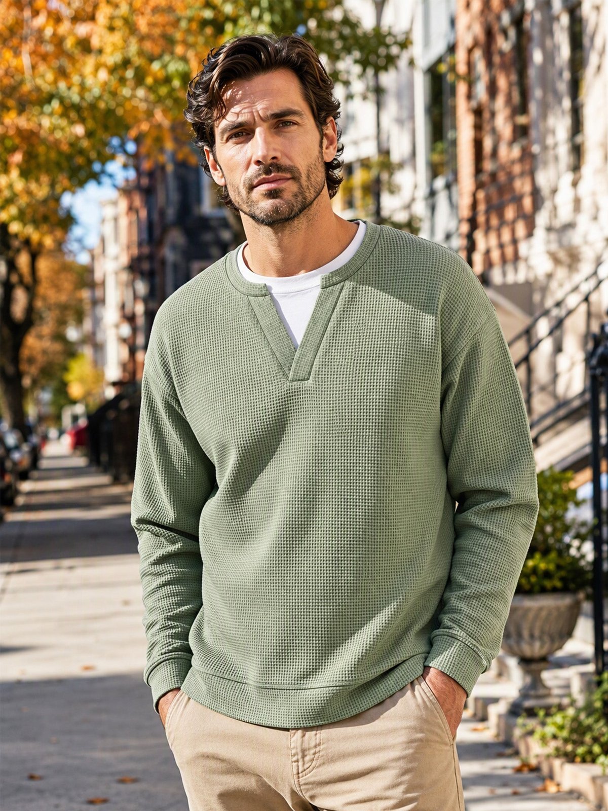 Light Green men's waffle knit long sleeve faux layered tee
